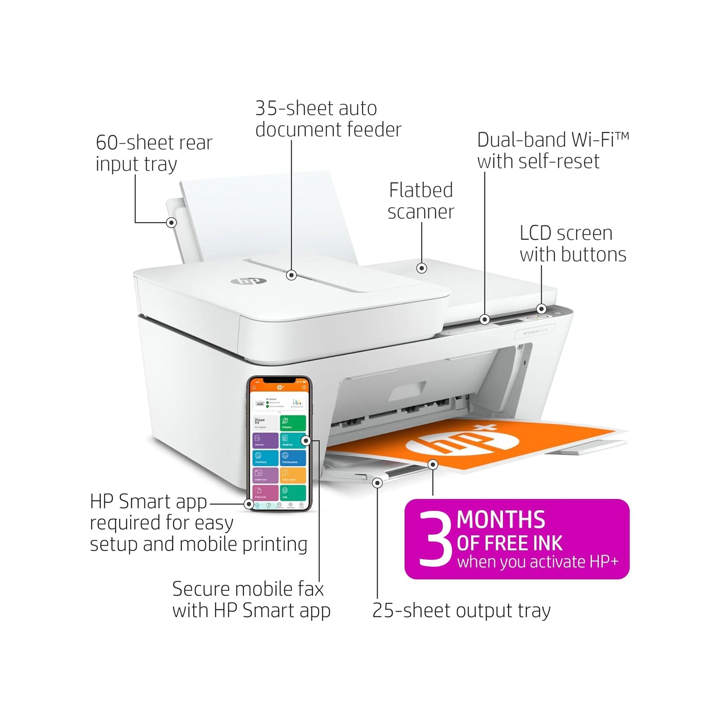 HP DeskJet 4155e Wireless Color Inkjet Printer, Print, scan, copy, Easy setup, Mobile printing, Best-for home, 3 month Instant Ink trial included, white