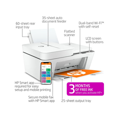 HP DeskJet 4155e Wireless Color Inkjet Printer, Print, scan, copy, Easy setup, Mobile printing, Best-for home, 3 month Instant Ink trial included, white