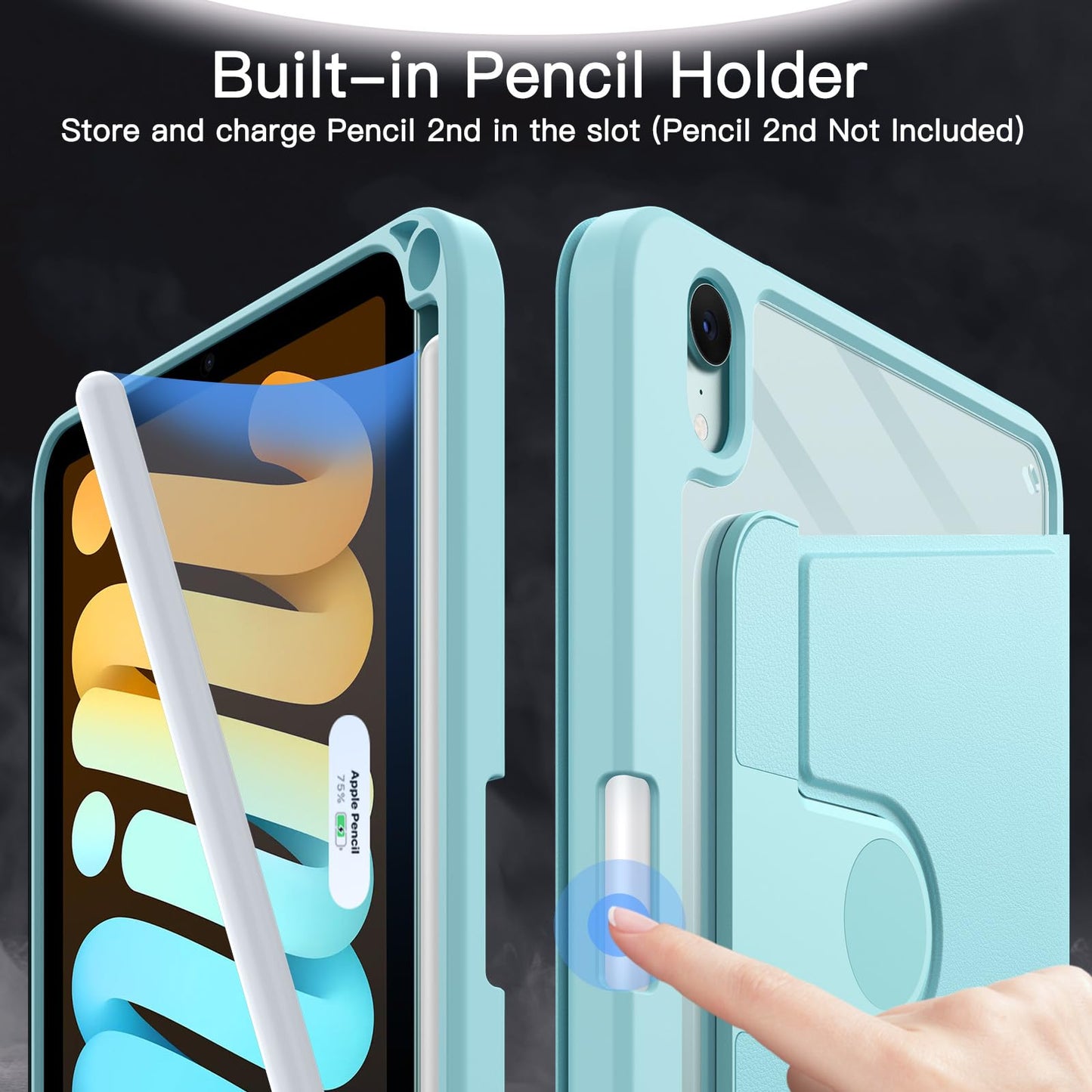 JETech Rotating Case for iPad mini (A17 Pro, 2024 Model, 7th Generation) / mini 6 (2021 Model, 6th Generation) with Pencil Holder, 360 Degree Rotation Protective Stand Cover Clear Back (Purple)