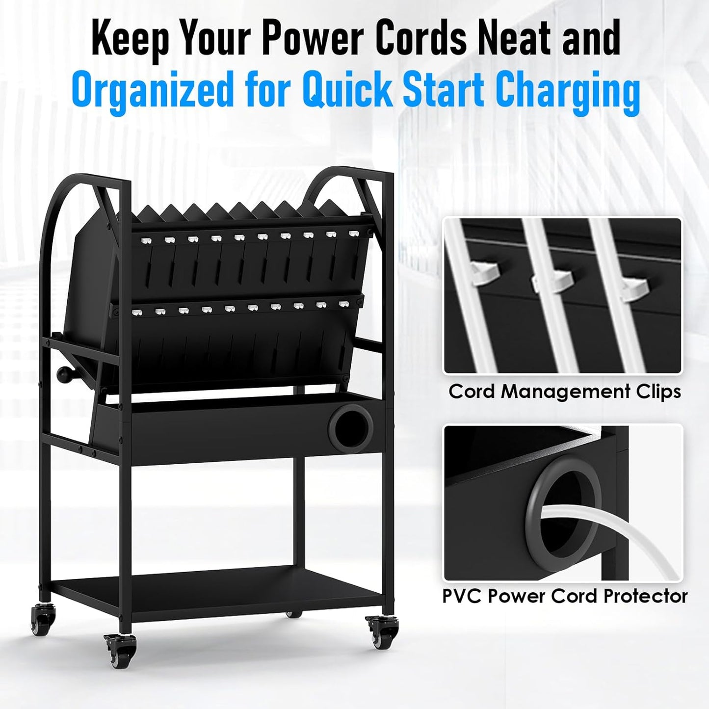 2 Tier Open Laptop Charging Cart with Wheels, 10 Device Mobile Charging Station for chromebook, iPads and Tablet, Laptop Charging Storage Rack for Office and Classroom