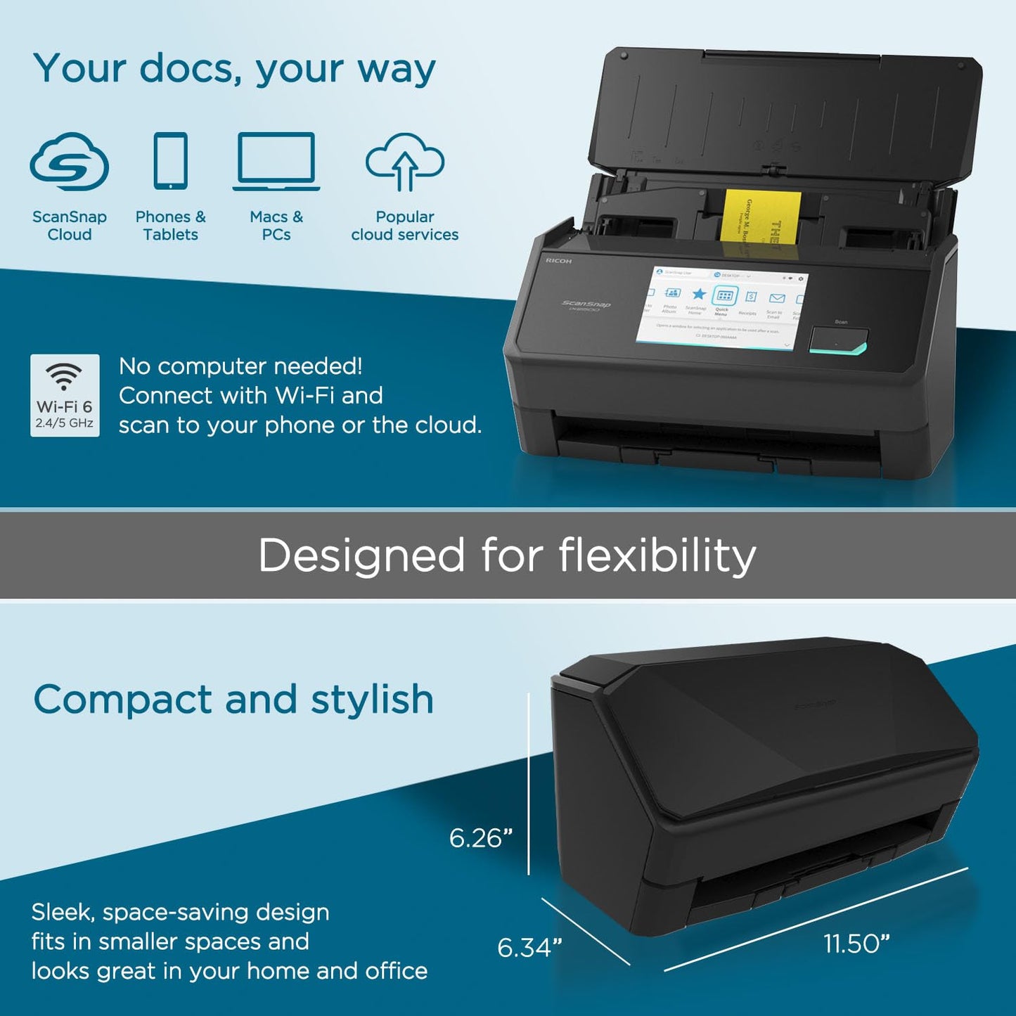 ScanSnap iX1600 Wireless or USB High-Speed Cloud Enabled Document, Photo & Receipt Scanner with Large Touchscreen and Auto Document Feeder for Mac or PC, 17 watts, Black