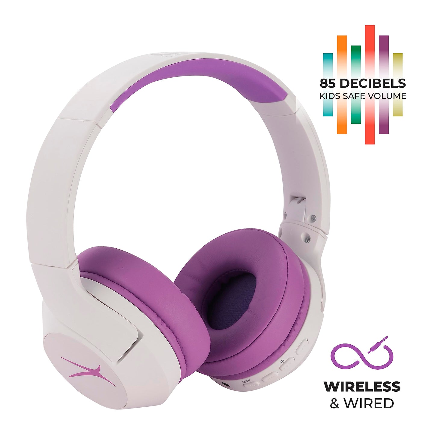 Altec Lansing Kid Safe Noise Cancelling Wireless Headphones 15H Battery, 85dB Volume Limit, Foldable Design Powerful Sound, Active Noise Cancellation Perfect for Kids Ages 7+ (Whiteout Pop Pink)