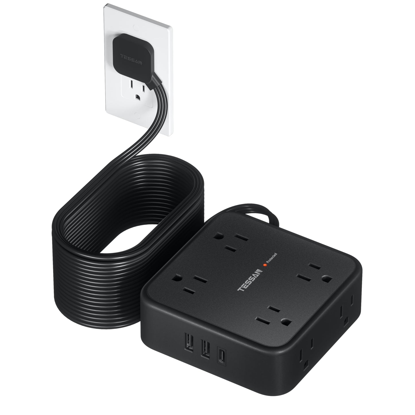 TESSAN Surge Protector Power Strip, 5 Ft Flat Plug Extension Cord with 3 USB (1 USB C) 8 Outlets, 1250W, 900J Protection, 3 Sided Outlet Extender with Power Switch for Office, Dorm Room, Grey