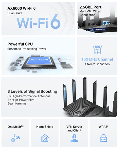 TP-Link AX3000 WiFi 6 Router (Archer AX55 Pro) - Multi Gigabit Wireless Internet, 2 x 2.5 Gbps Ports, Dual Band, VPN Router, OFDMA, MU-MIMO, USB 3.0, WPA3, Compatible with Alexa
