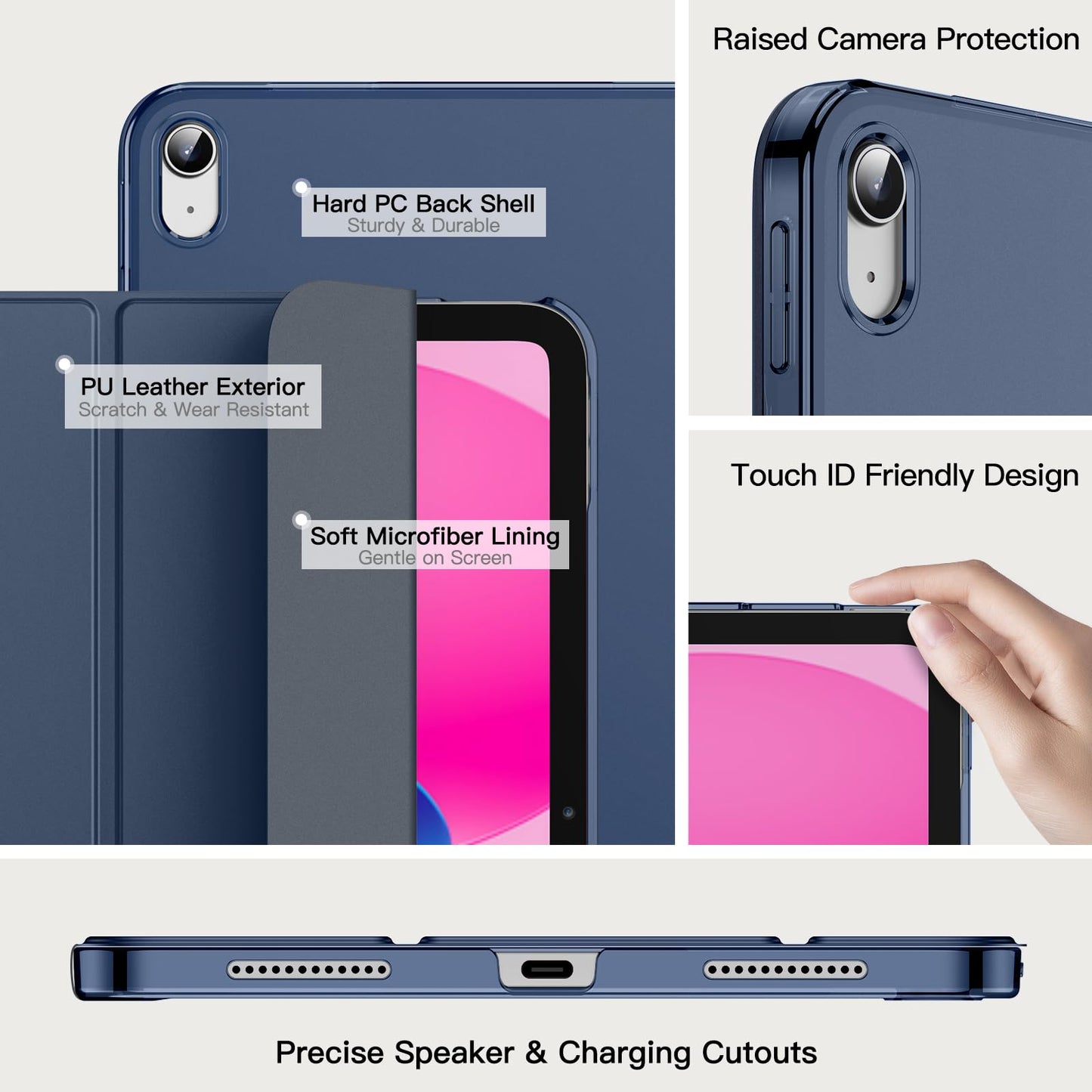 JETech Case for iPad (A16) 11th Generation 11 Inch 2025 / iPad 10th Generation 10.9 Inch 2022, Slim Smart Cover with Hard PC Translucent Back, Supports Touch ID, Auto Wake/Sleep (Navy Blue)
