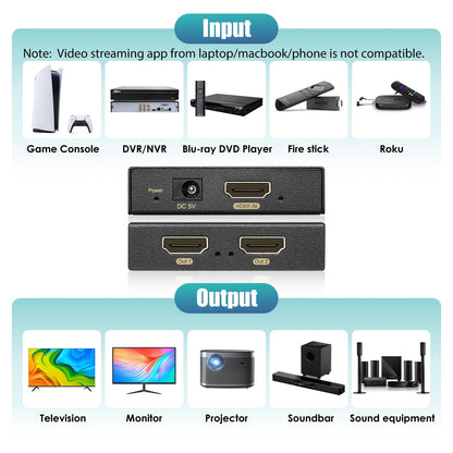 HDMI Splitter 1 in 2 Out 60Hz - HDCP Bypass 2.3, HDR, Dolby/DTS 5.1/7.1 - Compatible with Firestick 4k Max, PS3/PS5 & Elgato HD60s/x/Pro, Apple TV 4K, Retrotink, Roku Stick, NOT for Phone