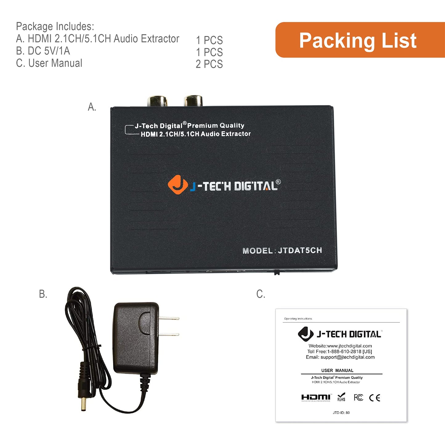 J-Tech Digital Premium Quality 1080P HDMI To HDMI + Audio (SPDIF + RCA Stereo) Audio Extractor Converter (JTDAT5CH)