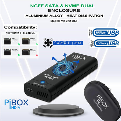 PiBOX India NVMe M2 Enclosure - Dual Protocol USB 3.2 Tool-Free Case, PCI-E Reader, USB-C, M & B+M Keys, 2230/2242/2260/2280 SSDs