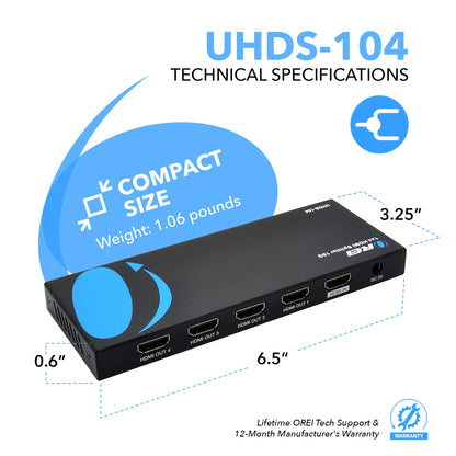 OREI UltraHD 4K @ 60 Hz 1 x 2 HDMI Splitter 1 in 2 Out (2 Port) 4:4:4 8-bit - Does Not Bypass HDCP, 18 Gbps, 4K HDMI Splitter