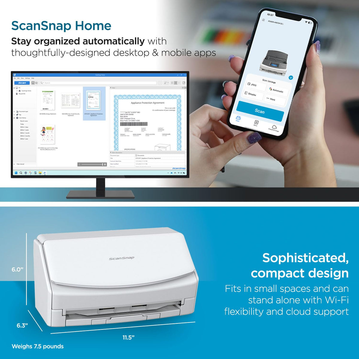 ScanSnap iX1600 Wireless or USB High-Speed Cloud Enabled Document, Photo & Receipt Scanner with Large Touchscreen and Auto Document Feeder for Mac or PC, 17 watts, Black