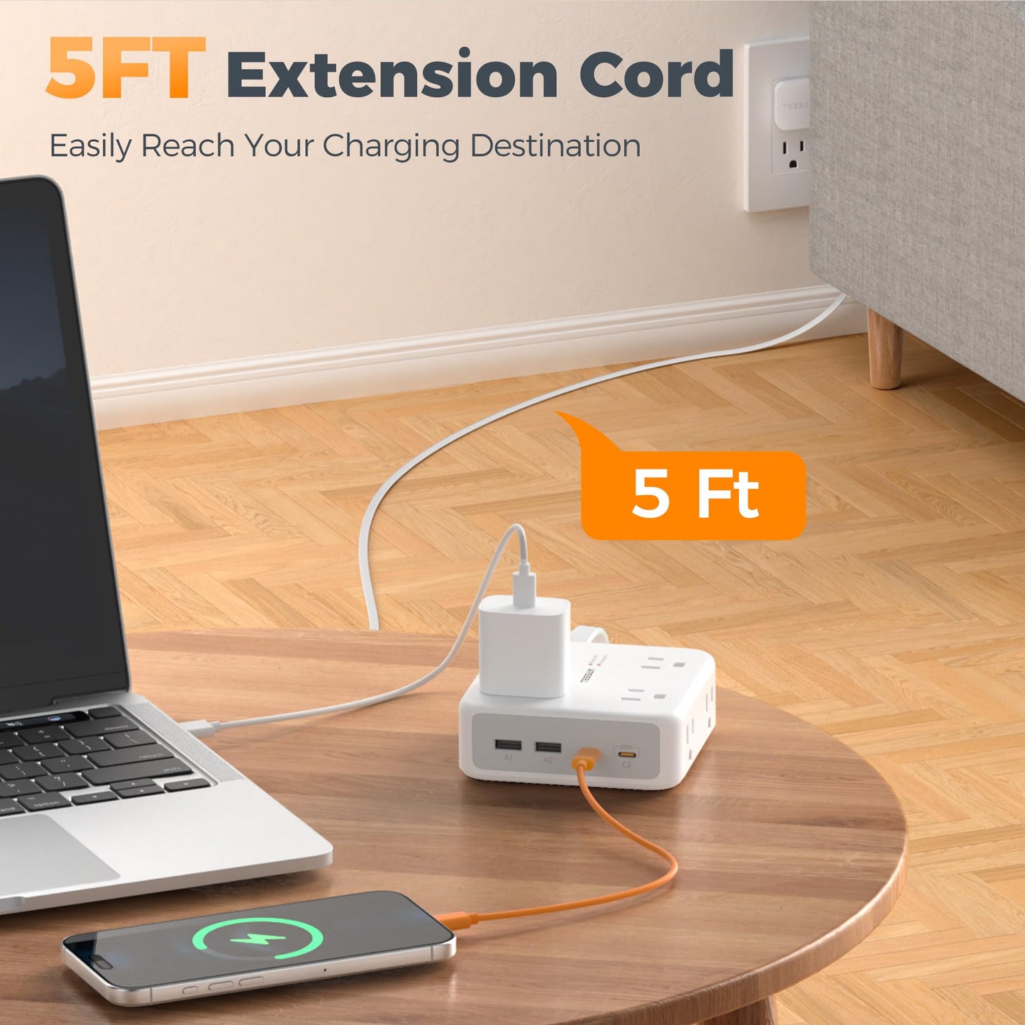 TESSAN Dual Surge Protector Power Strip, 5 Ft Extension Cord Flat Wall Plug with 4 USB (2 USB C) 8 Outlets, 2100J Surge Protection, 20W Multiple Charging Station for Home, Office, College, Dorm, Grey