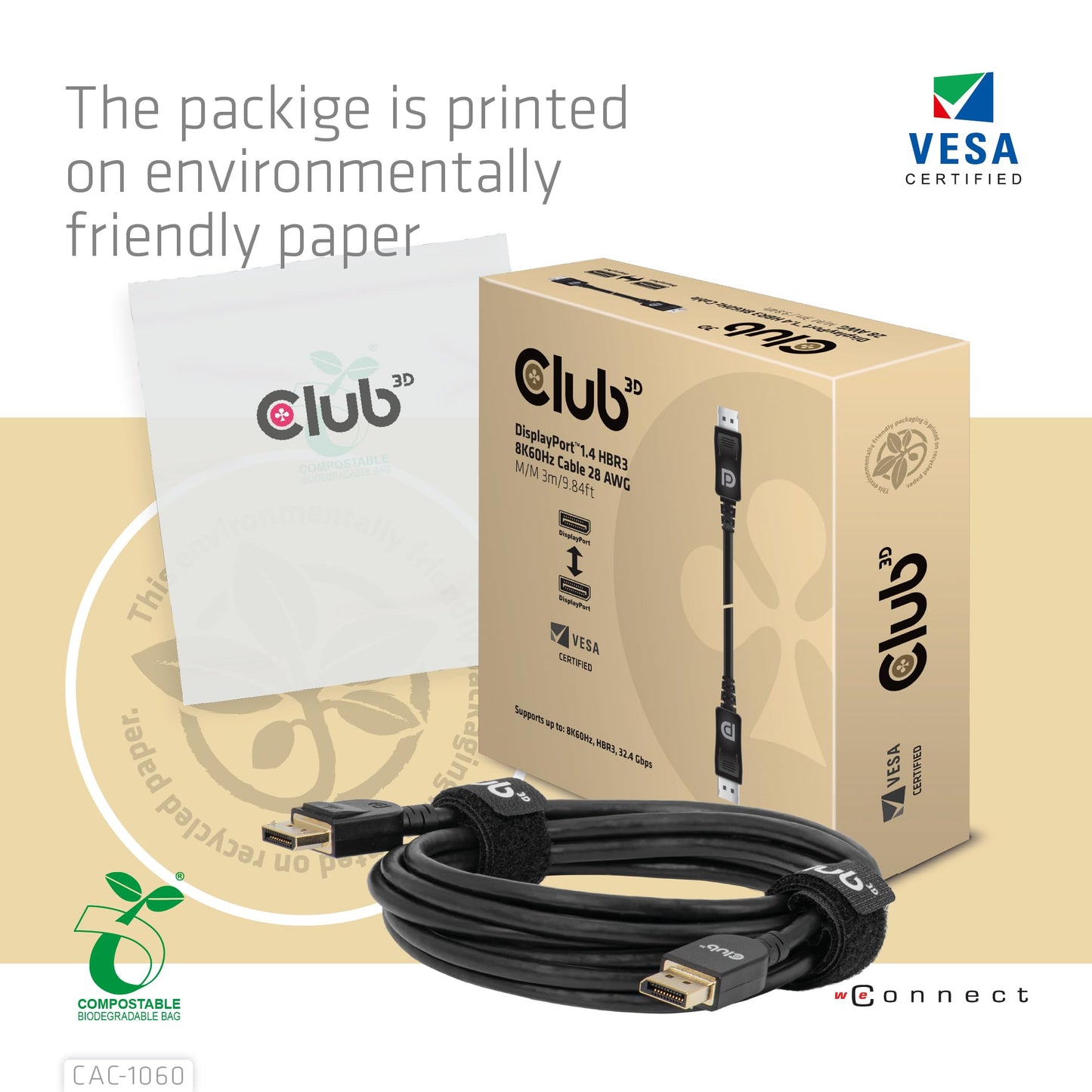 Club3D CAC-2068 VESA Certified DisplayPort to DisplayPort 1.4/Hbr3 M/M Cable DP 1.4 8K 60Hz 2m - 6,56ft