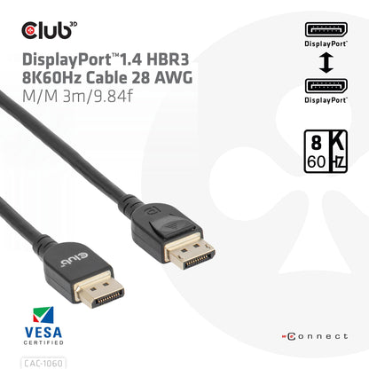 Club3D CAC-2068 VESA Certified DisplayPort to DisplayPort 1.4/Hbr3 M/M Cable DP 1.4 8K 60Hz 2m - 6,56ft