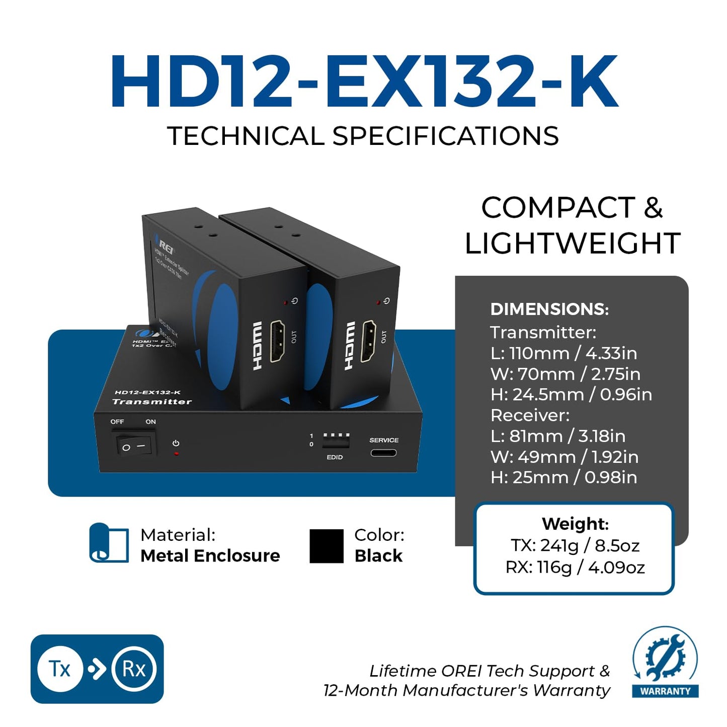 OREI 4K 4x4 HDMI Extender Matrix - UltraHD 4K @ 60Hz 4:4:4 Over Single CAT5e/6/7 Cable with HDR Switcher & IR Control, RS-232 - Up to 230 Ft - 1080P Downscale - 4 x Loop Out - 4 Receivers Included
