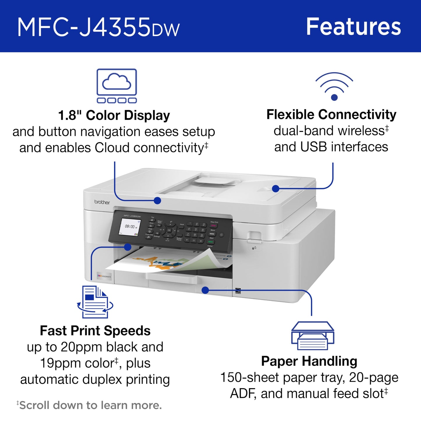 Brother INKvestment 4355 Wireless Color Inkjet All-in-One Printer with 1.8” Color Display and Manual Feed Slot | Includes Refresh Subscription Trial(1) (MFC-J4355DW)