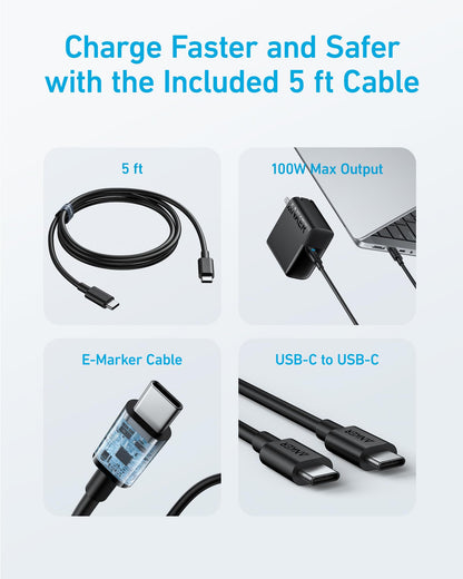 Anker MacBook Charger, Compact and Foldable 100W USB C Charger for MacBook Air, Samsung Galaxy, iPhone 17/16 Series, iPad Pro, and More, 5FT USB C Cable Included