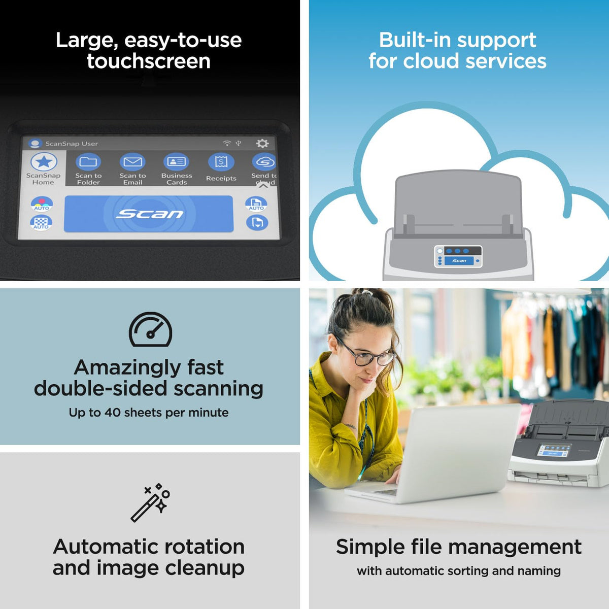 ScanSnap iX1600 Wireless or USB High-Speed Cloud Enabled Document, Photo & Receipt Scanner with Large Touchscreen and Auto Document Feeder for Mac or PC, 17 watts, Black