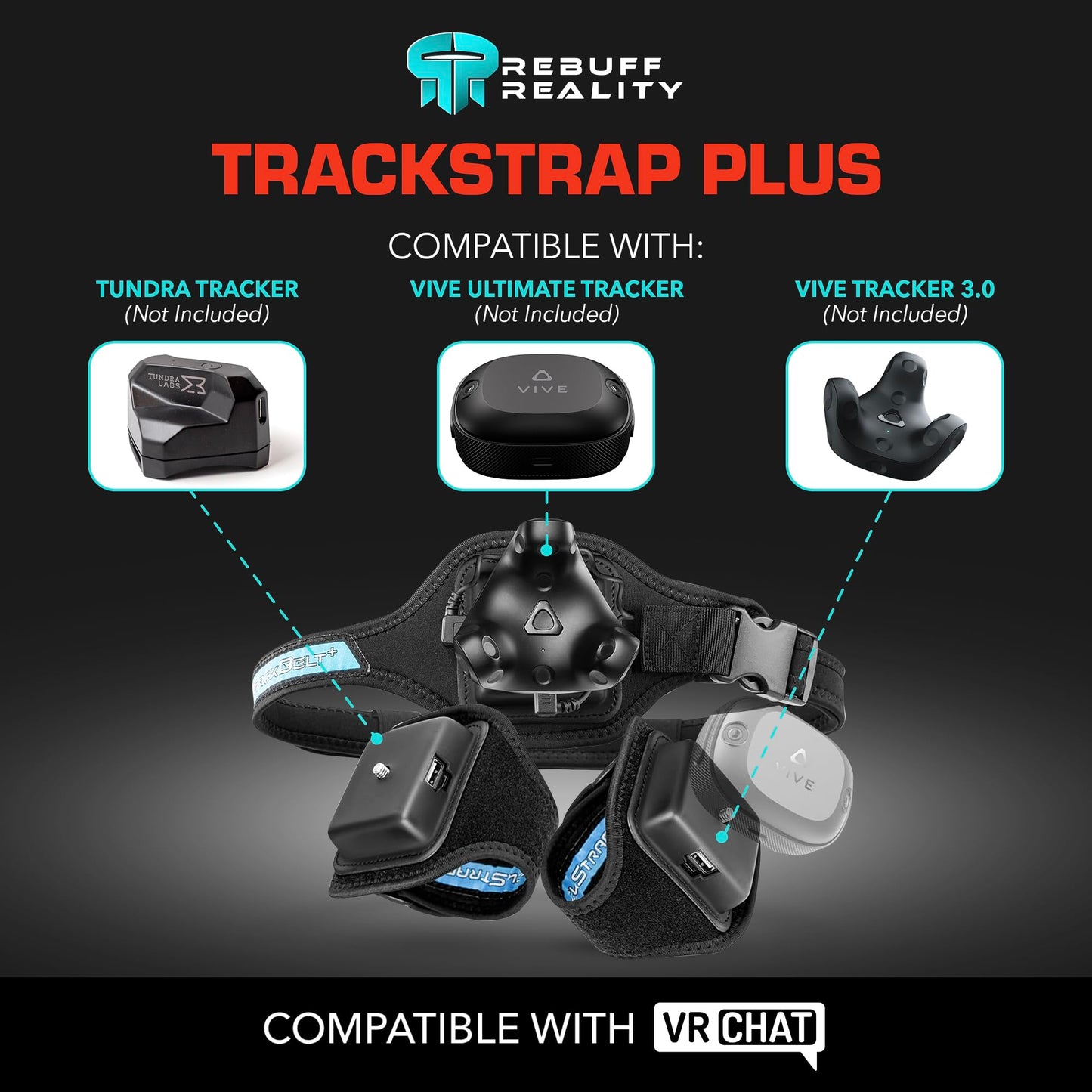 Rebuff Reality Trackstraps for Vive Tracker - Adjustable VR Full Body Tracking Straps, VR Chat Motion Capture, Compatible with Vive Tracker 3.0 2.0 Ultimate, Tundra, (Tracker Sold Separately) Black