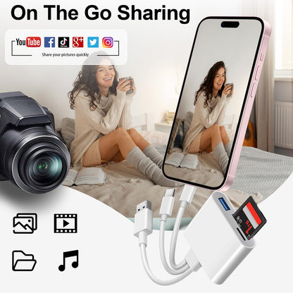 SD Card Reader for iPhone iPad, USB C & Lightning Dual Interface Memory Card Reader, Digital Camera Adapter to iPhone/MacBook/USBC Laptop for SD/TF/Sim Card, Plug & Play, Camera Accessories