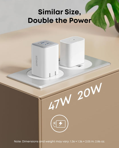 Anker Nano Charger, 47W 2 Port Compact Foldable GaN USB C Charger for iPhone 17/16, Galaxy, Pixel, Compatible with MagSafe (Blue)