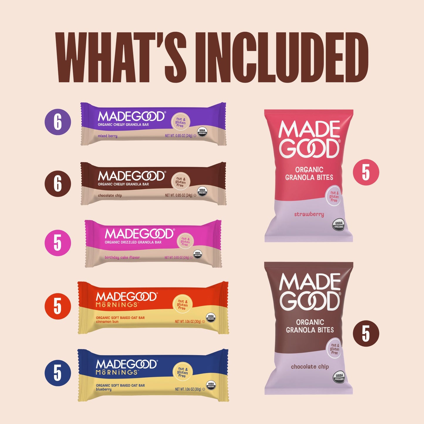 MadeGood Granola Variety Pack, Crunchy Squares, Bites, Bars, and Morning Bars for Breakfast and Healthy Snacking, Organic and Gluten Free, 36 Pack