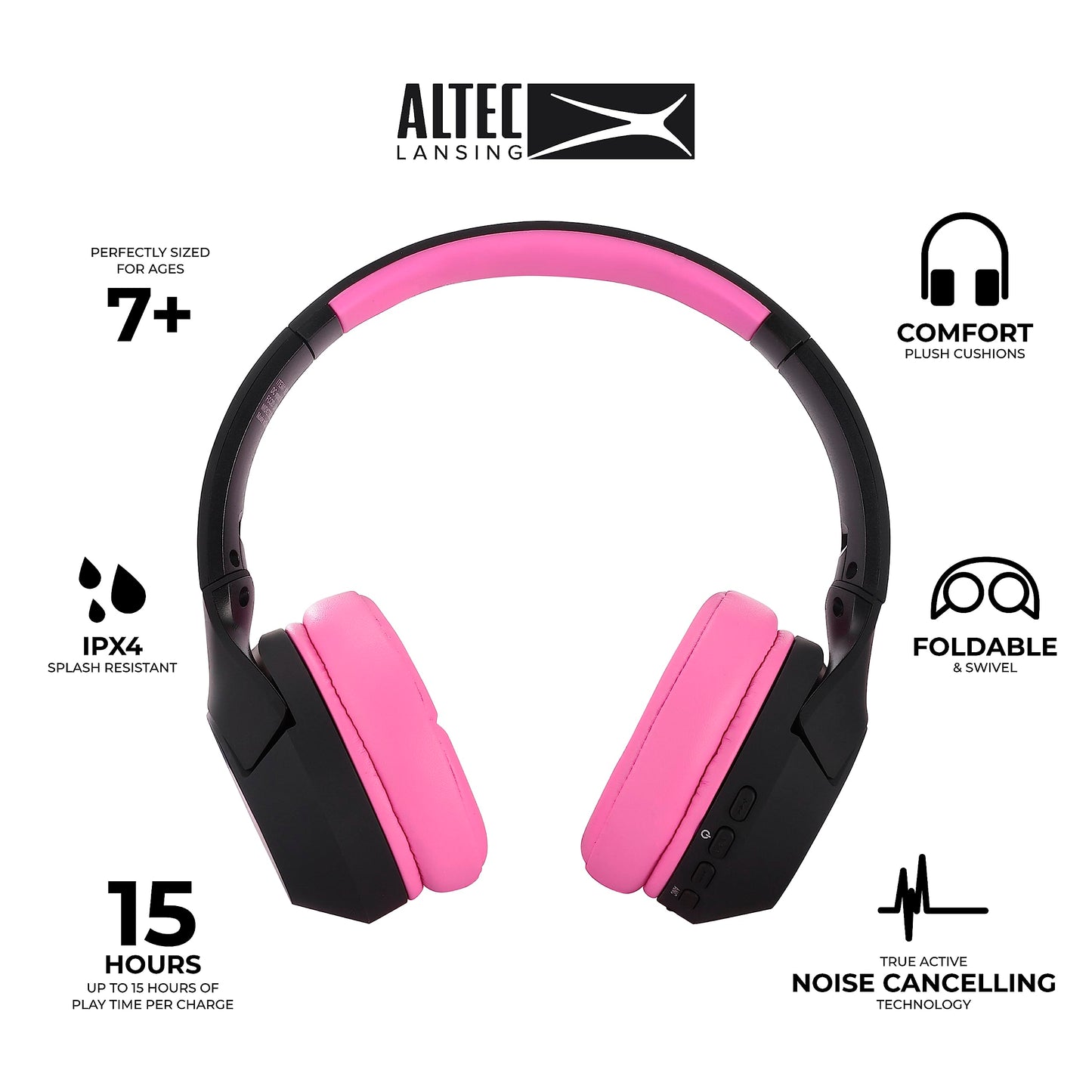 Altec Lansing Kid Safe Noise Cancelling Wireless Headphones 15H Battery, 85dB Volume Limit, Foldable Design Powerful Sound, Active Noise Cancellation Perfect for Kids Ages 7+ (Whiteout Pop Pink)
