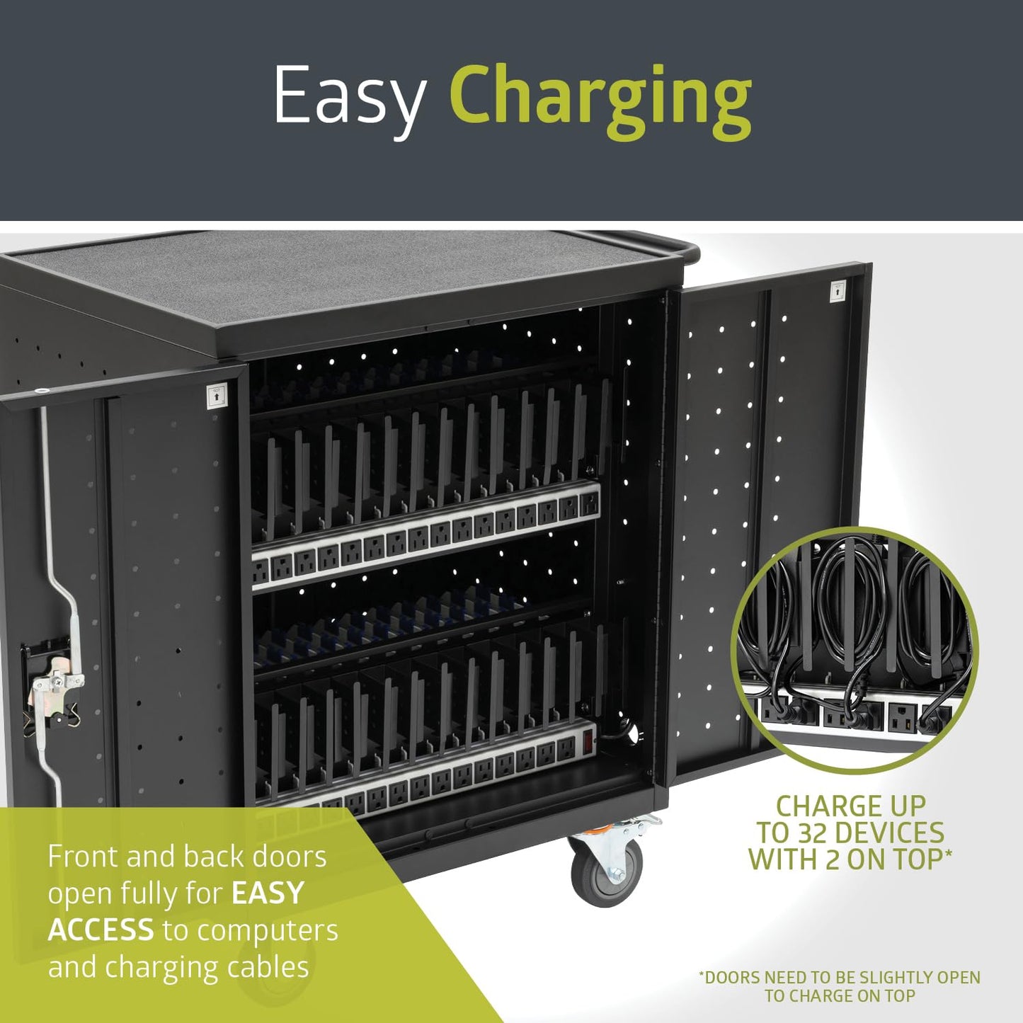 Pearington 32 Device Mobile Charging and Storage Cart for iPads, Chromebooks and Laptop Computers, Up to 13-inch Screen Size, Surge Protection, Front & Back Access Locking Cabinet