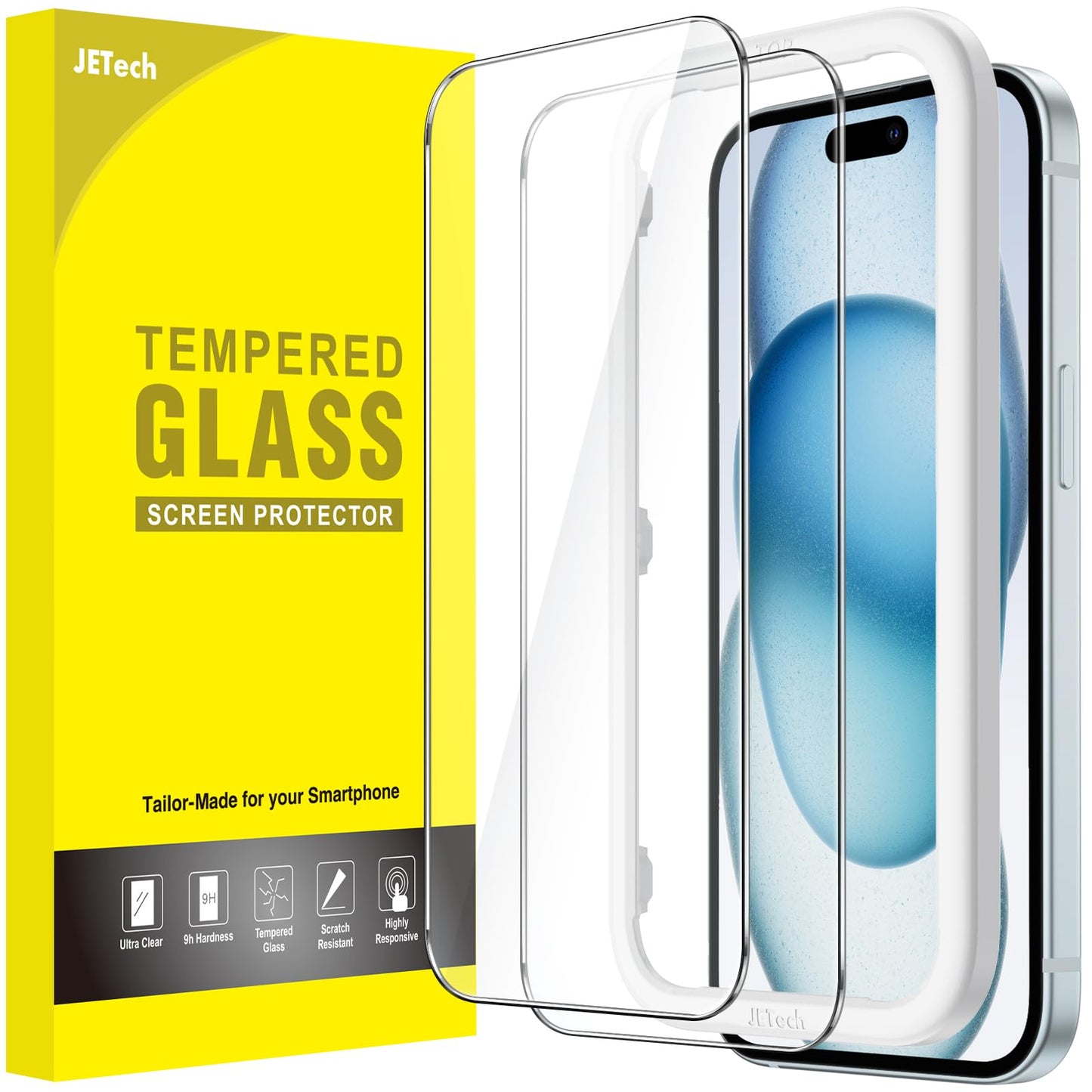JETech Screen Protector for iPhone 15 6.1-Inch, Bubble Free, Tempered Glass Film with Easy Installation Tool, Case-Friendly, HD Clear, 2-Pack