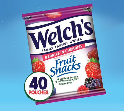 Welch's Fruit Snacks Bundle, Mixed Fruit & Berries 'N Cherries, Gluten Free, Bulk Pack, Individual Single Serve Bags, 0.8 oz (Pack of 80)