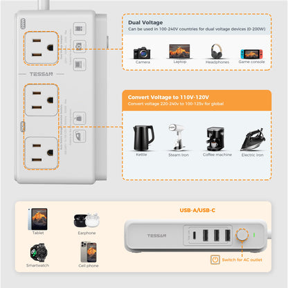 TESSAN Voltage Converter US to Europe, 220 to 110 Voltage Converter, Universal Travel Adapter with 4 USB Ports (1 USB C), 3 AC and EU UK AU IT in ZA Plug Power Adapter, Step Down Transformer, 4 FT