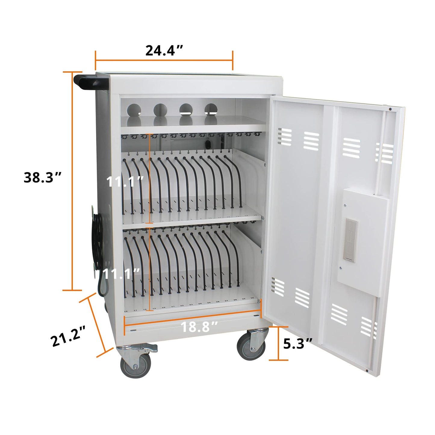 35 Device Mobile Charging Cart, Chromebooks and Laptop Computers, Locking Charging Station with Lock & Key for The Front Back Door, Surge Protection