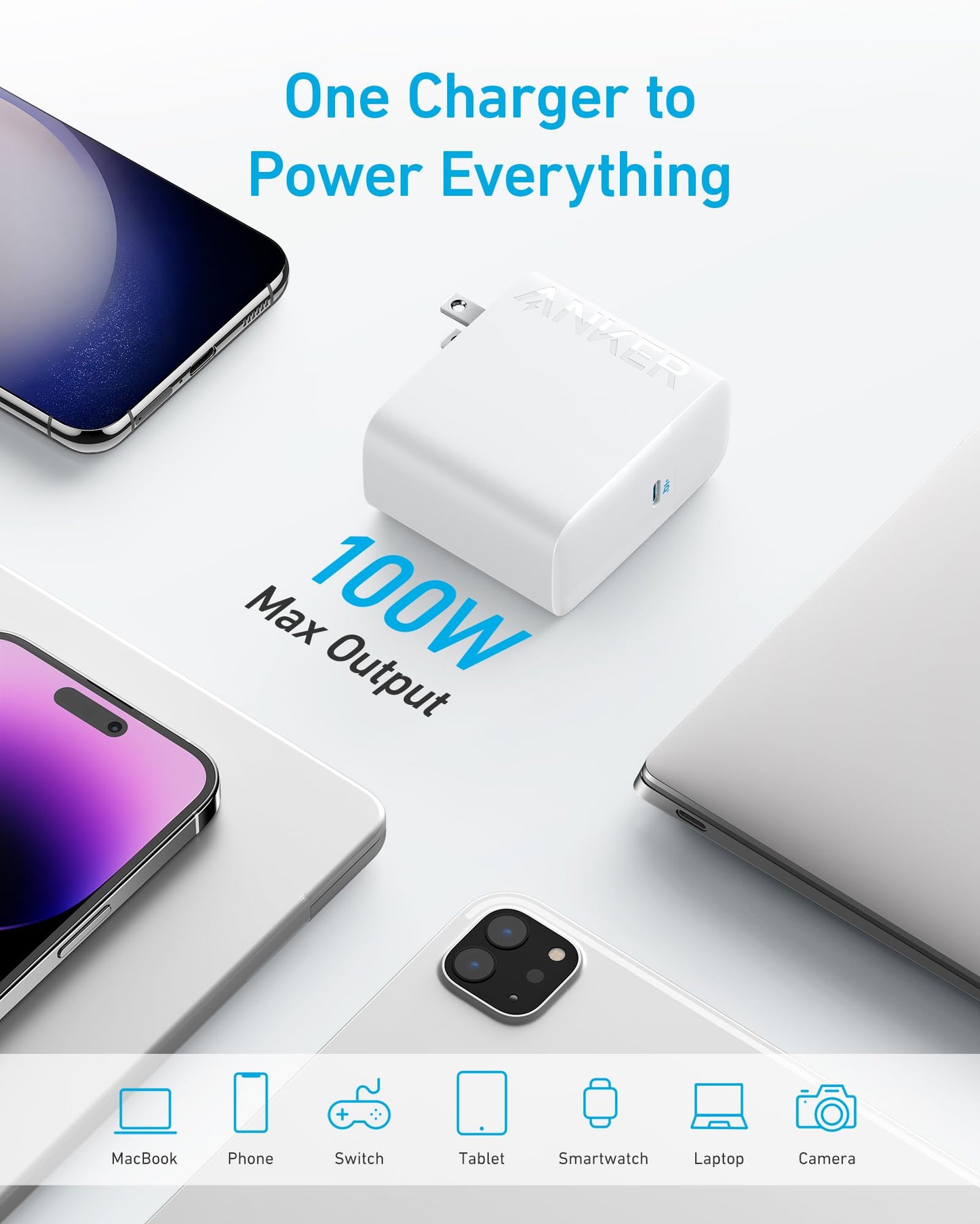 Anker MacBook Charger, Compact and Foldable 100W USB C Charger for MacBook Air, Samsung Galaxy, iPhone 17/16 Series, iPad Pro, and More, 5FT USB C Cable Included