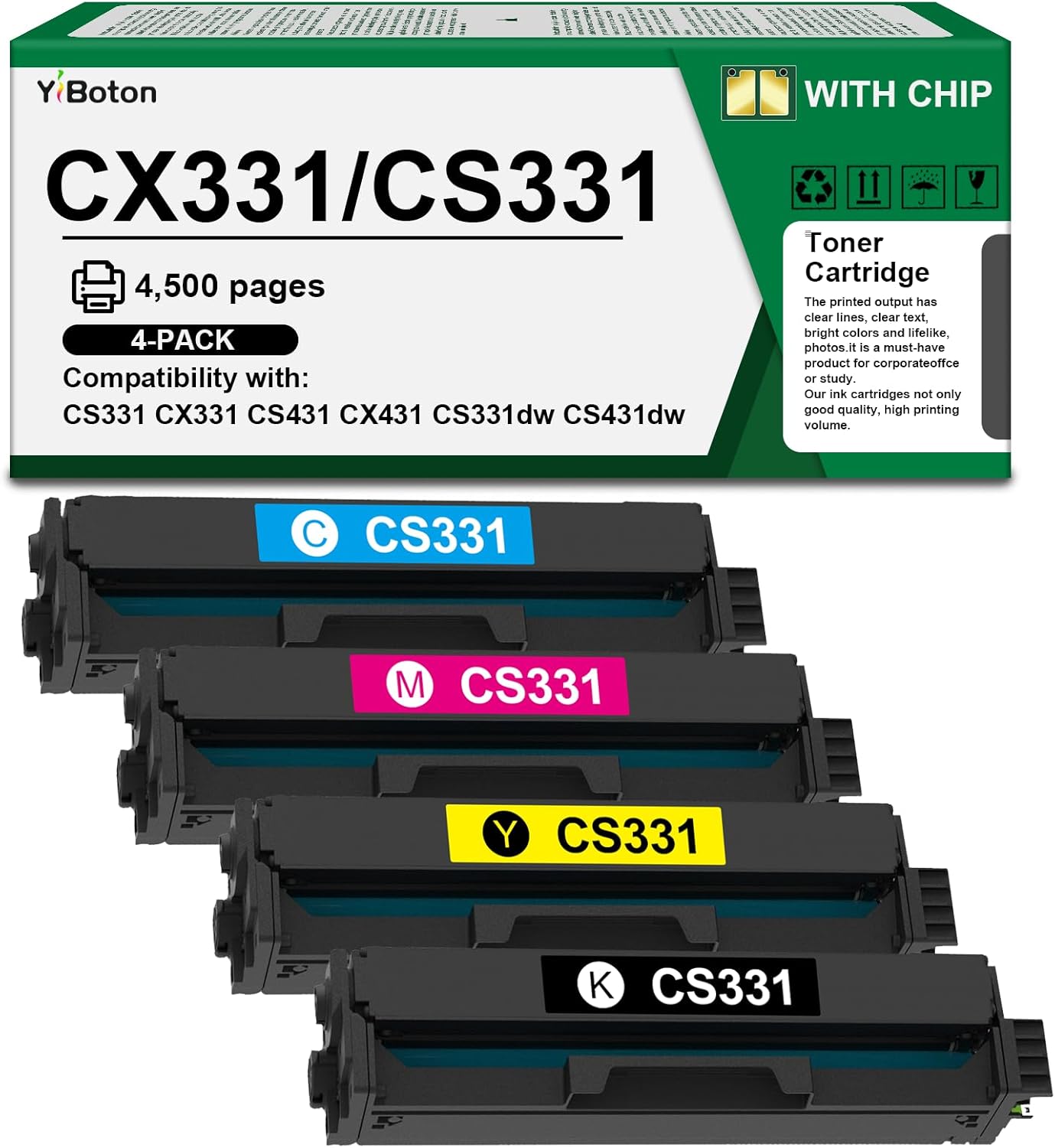 Compatible with Lexmark CS431 CX431 CS331 CX331 High Yield Toner 4-Pack with New Chip | 20N10K0 20N10C0 20N10M0 20N10Y0 for CS331dw CX331adwe CS431dw CX431adw Color Laser Printer