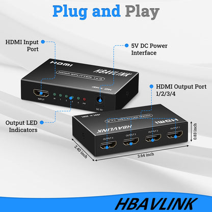HDMI Splitter 1 in 2 Out 60Hz - HDCP Bypass 2.3, HDR, Dolby/DTS 5.1/7.1 - Compatible with Firestick 4k Max, PS3/PS5 & Elgato HD60s/x/Pro, Apple TV 4K, Retrotink, Roku Stick, NOT for Phone