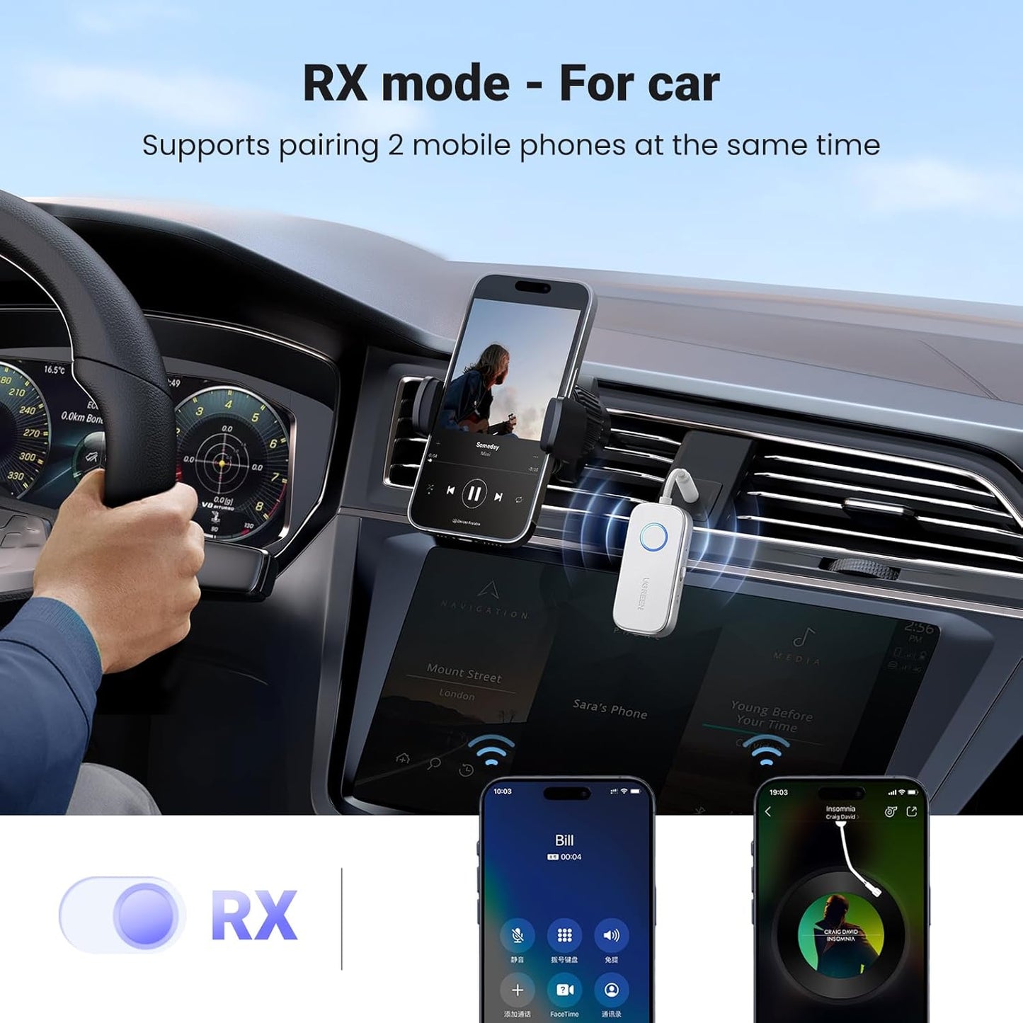 UGREEN Airplane Bluetooth 6.0 Transmitter Receiver for 2 Airpods or Headphones, Airplane Travel Essentials 2-in-1 Wireless Bluetooth Adapter, 3.5MM AUX Jack Adapter on Flight, TV, Car Stereo
