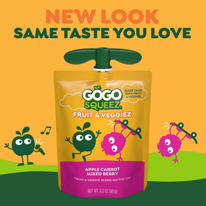 GoGo squeeZ No Sugar Added Fruit & veggieZ Applesauce and Puree Variety Pack, Jurassic Pear, Roarrrr Berry & Prehistoric Peach, 3.2 oz Pouches (Pack of 20), Fruit Snacks for Kids, Gluten Free, Nut Free, Recloseable Cap, BPA Free