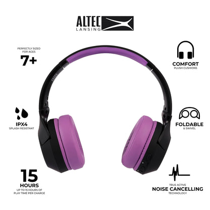 Altec Lansing Kid Safe Noise Cancelling Wireless Headphones 15H Battery, 85dB Volume Limit, Foldable Design Powerful Sound, Active Noise Cancellation Perfect for Kids Ages 7+ (Whiteout Pop Pink)