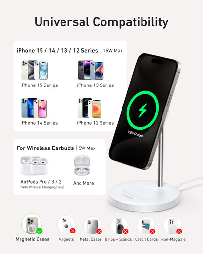 Anker MagSafe Compatible MagGo Charger Stand, iPhone 17 Wireless Charger, 2-in-1 Charging Station, Qi2 Certified 15W Fast Charging, for iPhone 17/16/15/14/13/12, AirPods Pro (Black, No Adapter)
