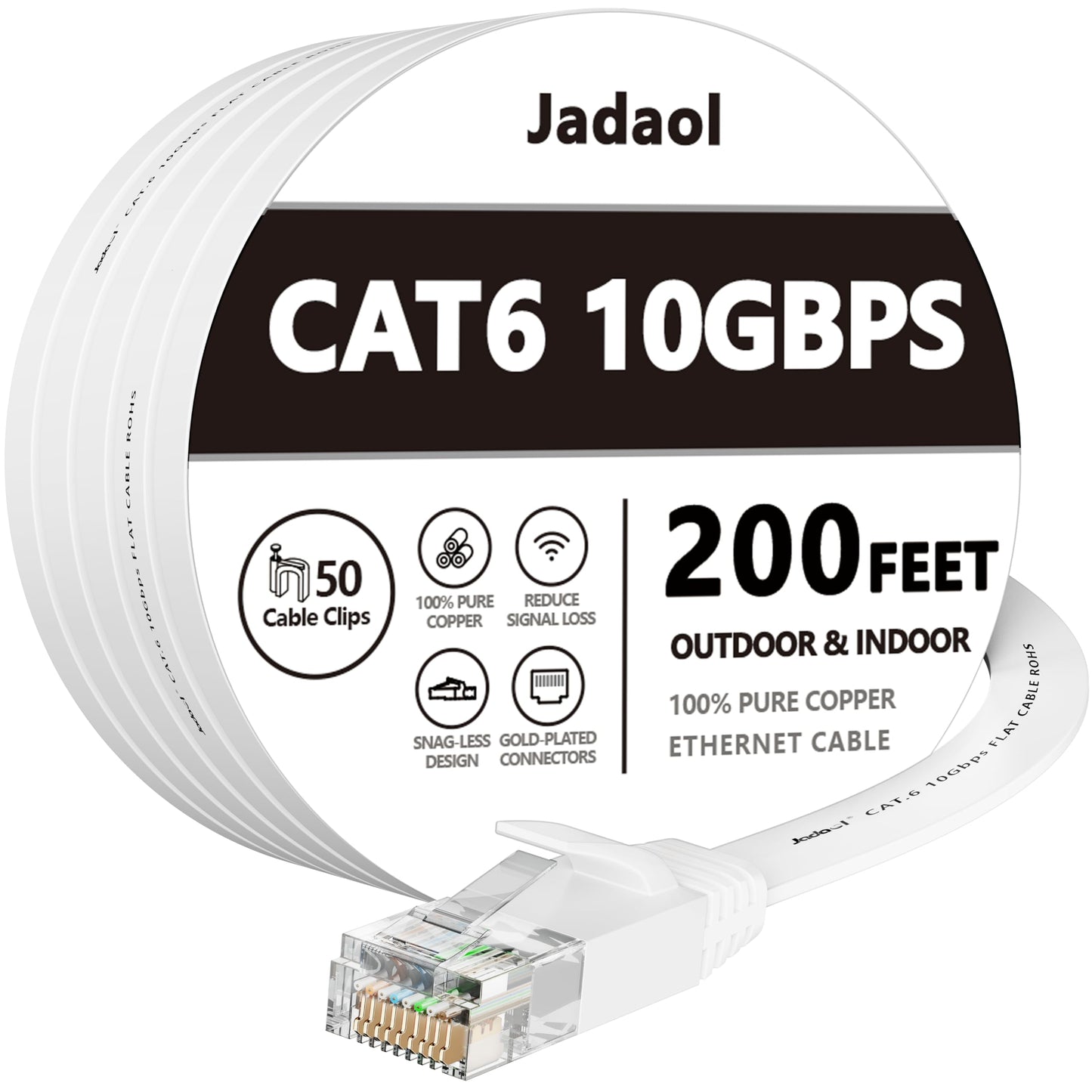 Jadaol Cat 6 Ethernet Cable 50 ft, 10Gbps Support Cat8 Cat7 Network, Flat RJ45 LAN Patch Cable, High-Speed Wired Internet Cable for Router, Modem, Switch, Gaming Consoles, PC, Streaming Devices, White