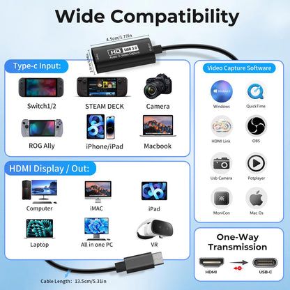 Guermok Video Capture Card, 4K USB3.0 HDMI to USB C Capture Card for Streaming, 1080P 60FPS, Compatible with iPad Mac OS Windows, Quest 3, OBS, PS5/4, Switch2/1, Xbox, Camera (Silver)
