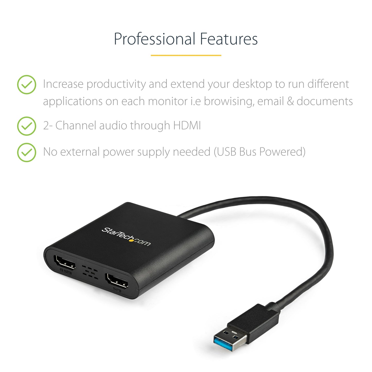 StarTech USB-A 3.0 to Dual HDMI Adapter for Windows, Dual Monitor USB to 2x HDMI Display Converter, 4K 30Hz + 1080p 60Hz, Extend or Mirror Multi-Screen Setup