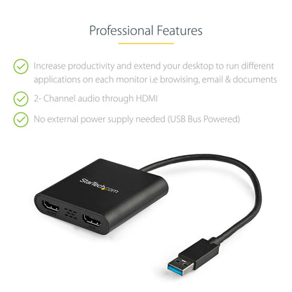 StarTech USB-A 3.0 to Dual HDMI Adapter for Windows, Dual Monitor USB to 2x HDMI Display Converter, 4K 30Hz + 1080p 60Hz, Extend or Mirror Multi-Screen Setup
