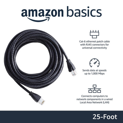 Amazon Basics RJ45 Cat-6 Ethernet Patch Internet Cable, 1Gbps Transfer Speed, Gold-Plated Connectors, Universal Connectivity for PC, TV, Tablet, Router, Printer, 5 Foot, Black
