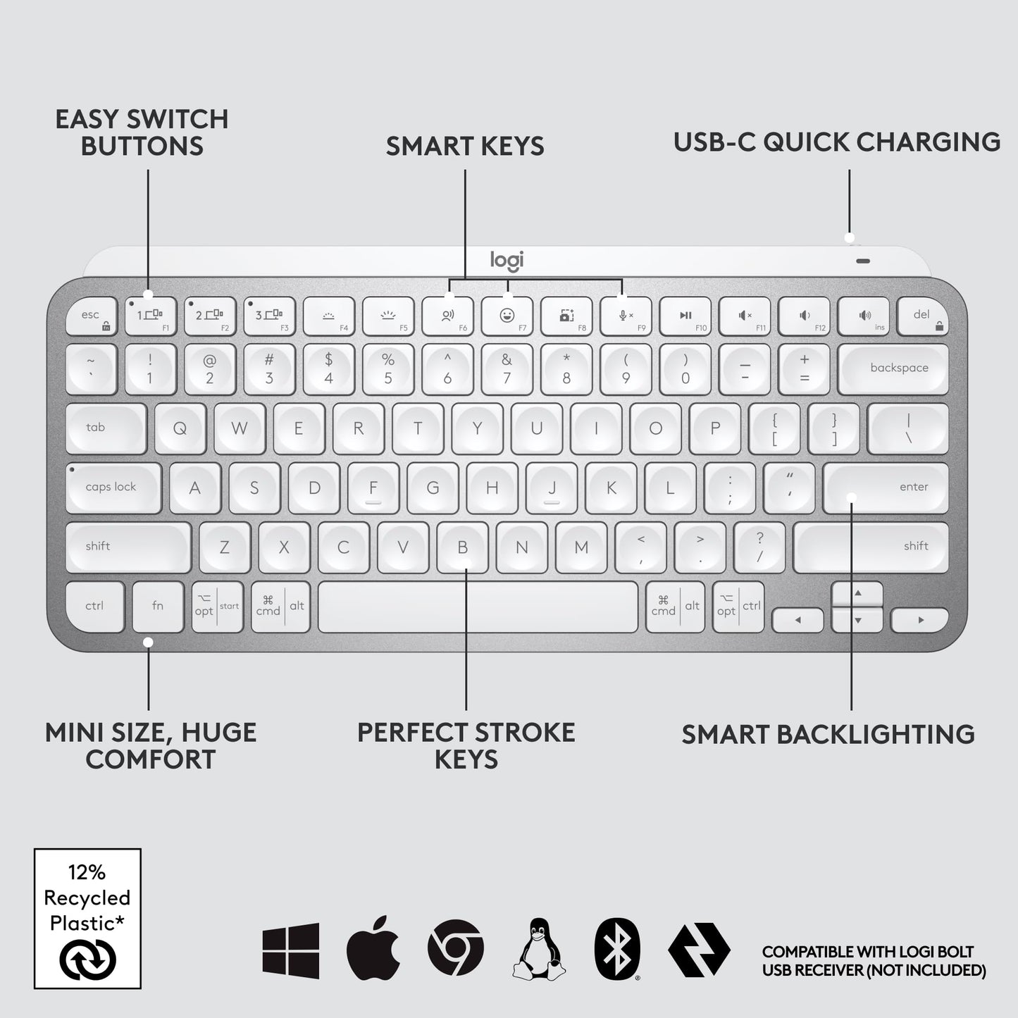 Logitech MX Keys Mini Minimalist Wireless Illuminated Keyboard, Compact, Bluetooth, Backlit, USB-C, Compatible with Apple macOS, iOS, Windows, Linux, Android, Metal Build - Graphite