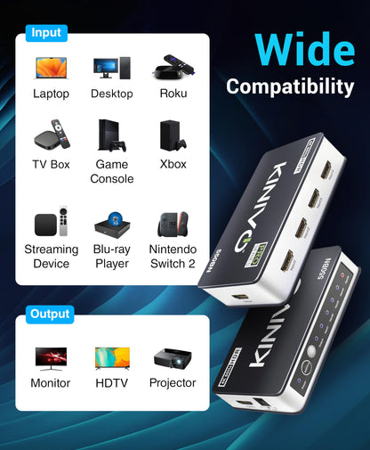 Kinivo HDMI Switch 5 in 1 Out 4K 60Hz (HDR 10, High Speed 18Gbps, IR Remote, HDCP2.2, Dolby Vision, VRR) - 550BN Switcher Compatible with Roku, PS5, Xbox, Apple TV, Nintendo Switch 2, Cable Box