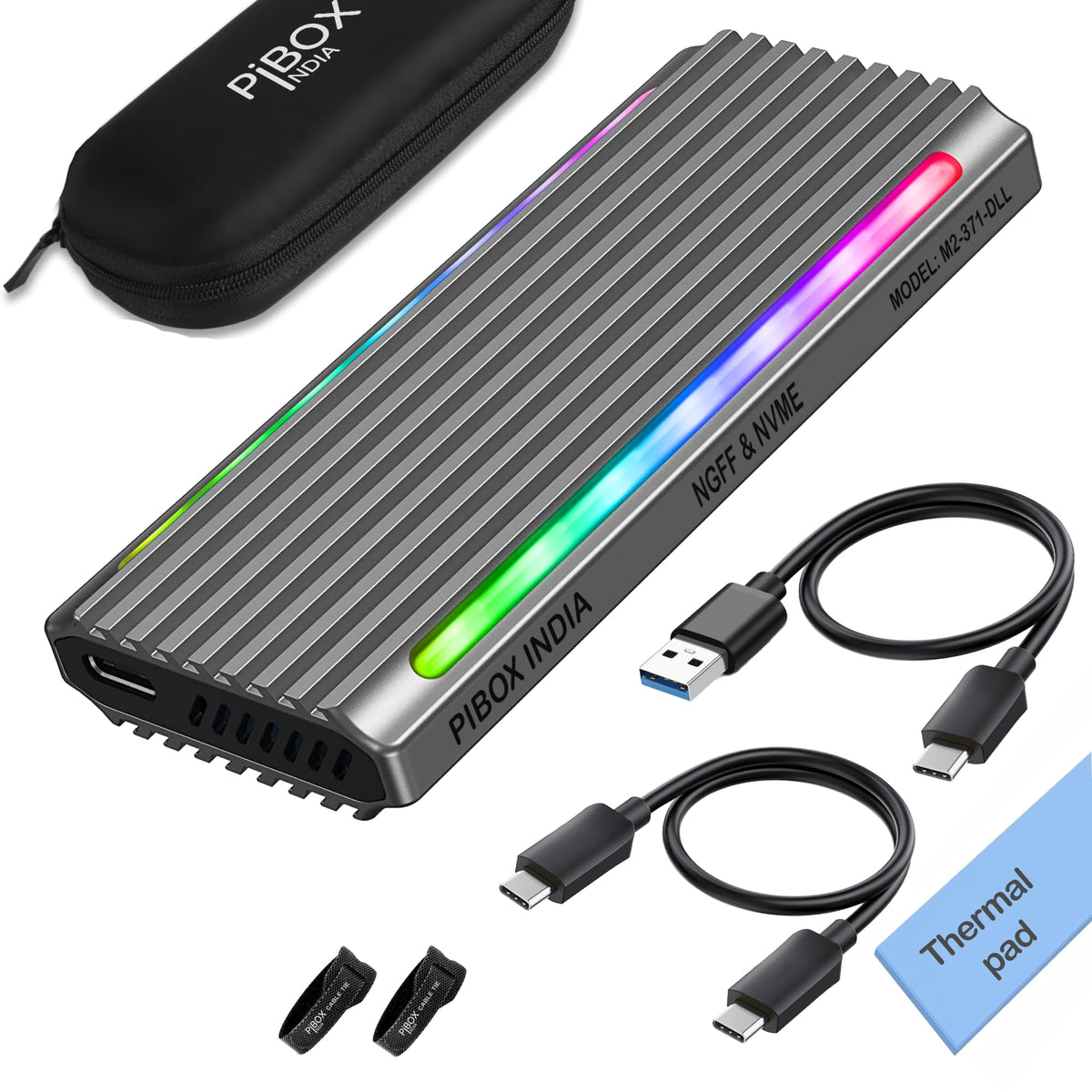 PiBOX India NVMe M2 Enclosure - Dual Protocol USB 3.2 Tool-Free Case, PCI-E Reader, USB-C, M & B+M Keys, 2230/2242/2260/2280 SSDs