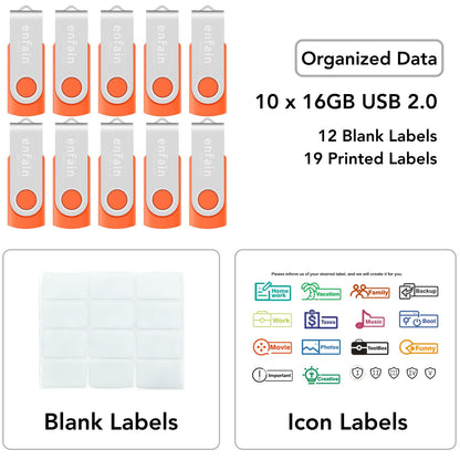 Enfain 16GB USB 2.0 Flash Drive 10 Pack | Swivel Thumb Drives with 31 Labels | Gift-Ready Packaging for Corporate Events, Office & Team Distributions (Black)