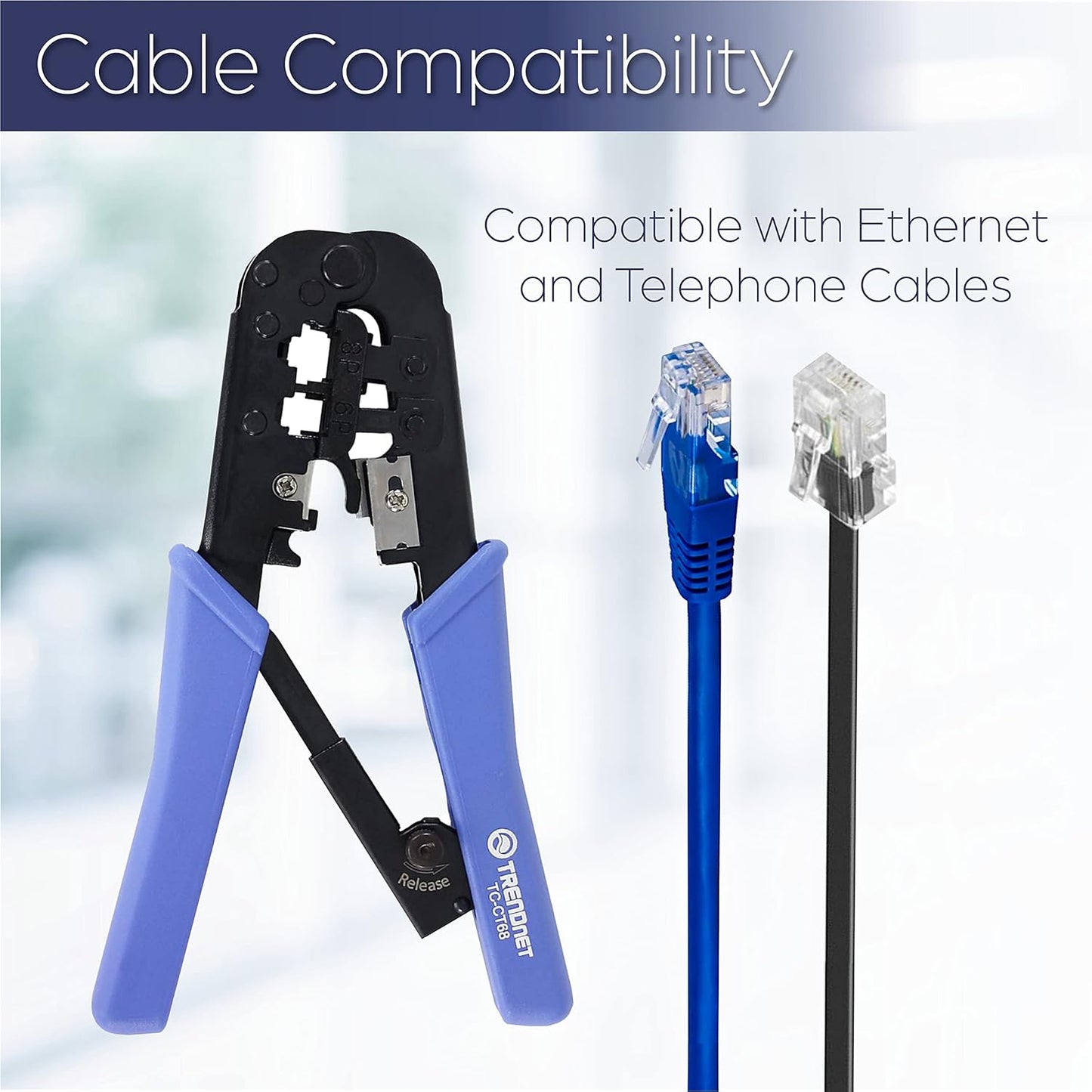 TRENDnet Crimping Tool, TC-CT68, Crimp, Cut, & Strip Cable for 8 and 6 Position Modular Plugs, Built-In Cutter and Stripper, NDAA + TAA Compliant, 8P-RJ-45, 6P-RJ-12, RJ-11, Steel Construction, Black