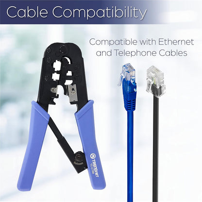 TRENDnet Crimping Tool, TC-CT68, Crimp, Cut, & Strip Cable for 8 and 6 Position Modular Plugs, Built-In Cutter and Stripper, NDAA + TAA Compliant, 8P-RJ-45, 6P-RJ-12, RJ-11, Steel Construction, Black
