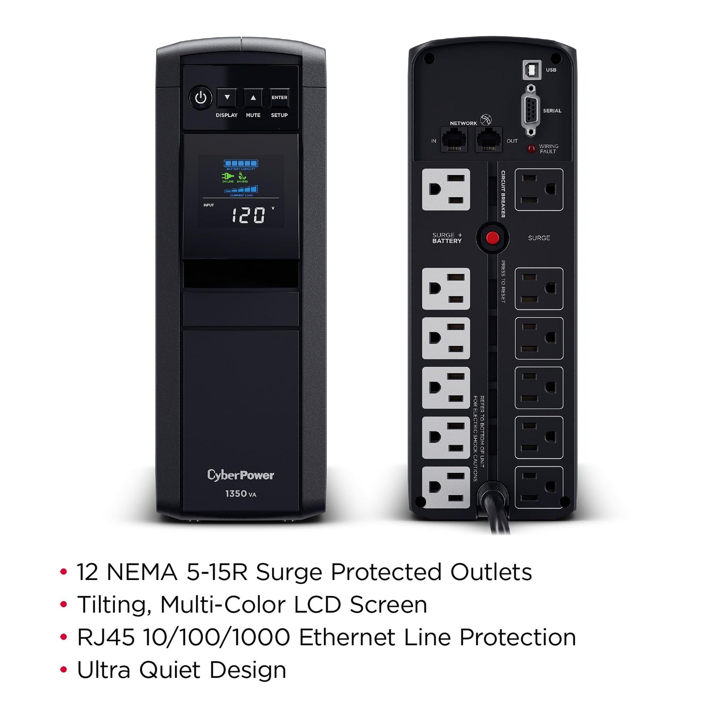 CyberPower CP1500PFCLCD PFC Sinewave UPS Battery Backup and Surge Protector, 1500VA/1000W, 12 Outlets, AVR, Mini Tower, UL Certified